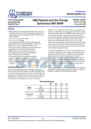 GS8162Z36BD-200V datasheet - 18Mb Pipelined and Flow Through Synchronous NBT SRAM