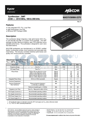 MASYVS0006-2275B datasheet - Synthesizer , SMT 2240 - 2310 MHz, 100 & 200 kHz