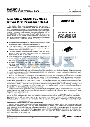 MC88916DW datasheet - LOW SKEW CMOS PLL CLOCK DRIVER WITH PROCESSOR RESET
