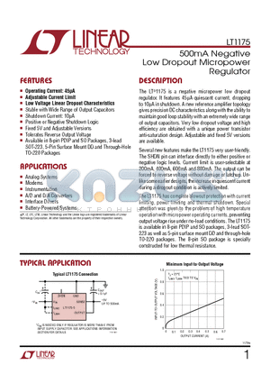 LT1175 datasheet - 500mA Negative Low Dropout Micropower Regulator