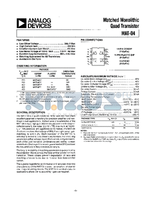 MAT-04FS datasheet - Matched Monolithic Quad Transistor