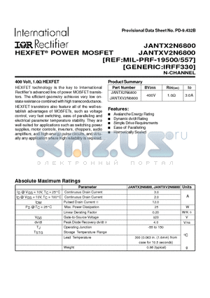 JANTXV2N6800 datasheet - POWER MOSFET N-CHANNEL(BVdss=400V, Rds(on)=1.0ohm, Id=3.0A)
