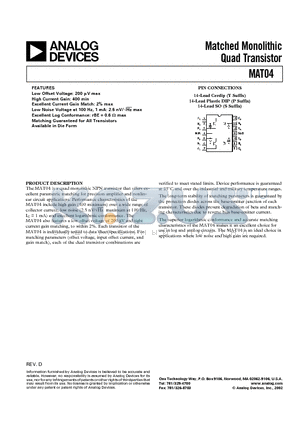 MAT04FS datasheet - Matched Monolithic Quad Transistor