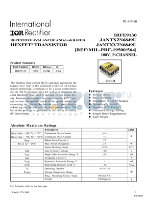 JANTXV2N6849U datasheet - REPETITIVE AVALANCHE AND dv/dt RATED HEXFET TRANSISTOR