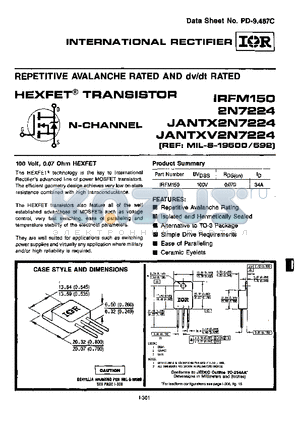 JANTXV2N7224 datasheet - REPETITIVE AVALANCHE RATED AND dv/dt RATED