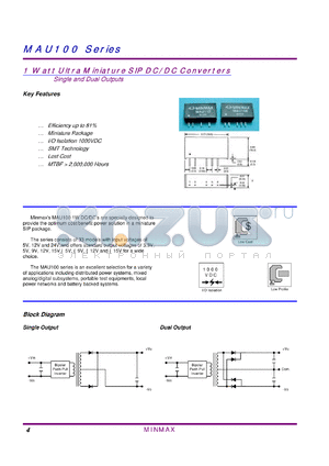 MAU103 datasheet - 1 Watt Ultra Miniature SIP DC/DC Converters (Single and Dual Outputs)