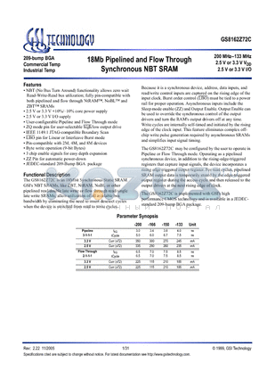 GS8162Z72C-166I datasheet - 18Mb Pipelined and Flow Through Synchronous NBT SRAM