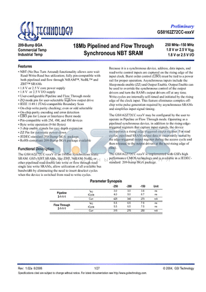 GS8162Z72CGC-150V datasheet - 18Mb Pipelined and Flow Through Synchronous NBT SRAM