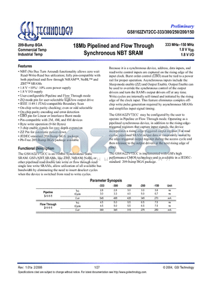 GS8162ZV72CC-150I datasheet - 18Mb Pipelined and Flow Through Synchronous NBT SRAM