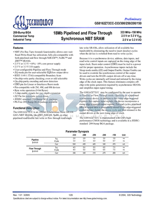 GS8162Z72CGC-250I datasheet - 18Mb Pipelined and Flow Through Synchronous NBT SRAM