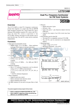 LC72134M datasheet - Dual PLL Frequency Synthesizer for FM Tuner Systems