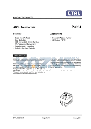 P3931 datasheet - ADSL Transformer