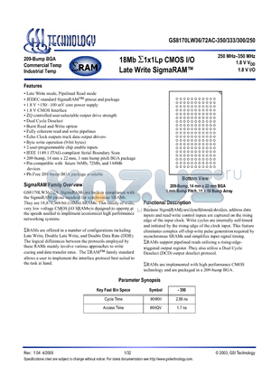 GS8170LW36AGC-333I datasheet - 18Mb S1x1Lp CMOS I/O Late Write SigmaRAM