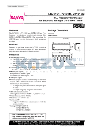 LC72191 datasheet - PLL Frequency Synthesizer for Electronic Tuning in Car Stereo Tuners