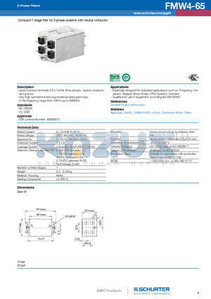 FMW-65-0002 datasheet - Compact 1-stage filter for 3-phase systems with neutral conductor