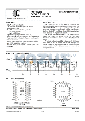 IDT74FCT273TSO datasheet - FAST CMOS OCTAL D FLIP-FLOP WITH MASTER RESET