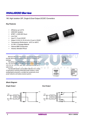 MAU206 datasheet - 1W, High Isolation SIP, Single & Dual Output DC/DC Converters