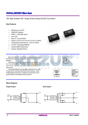 MAU211 datasheet - 1W, High Isolation SIP, Single & Dual Output DC/DC Converters