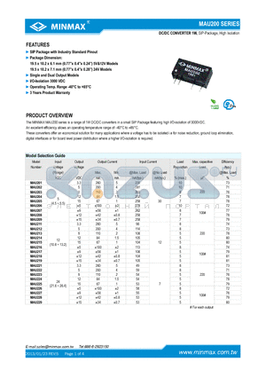 MAU213 datasheet - DC/DC CONVERTER 1W SIP Package with Industry Standard Pinout