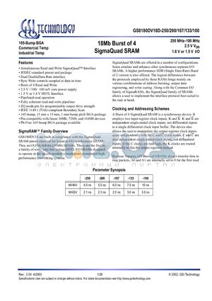 GS8180DV18D-250I datasheet - 18Mb Burst of 4 SigmaQuad SRAM