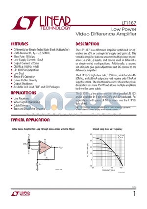 LT1187CJ8 datasheet - Low Power Video Difference Amplifi er