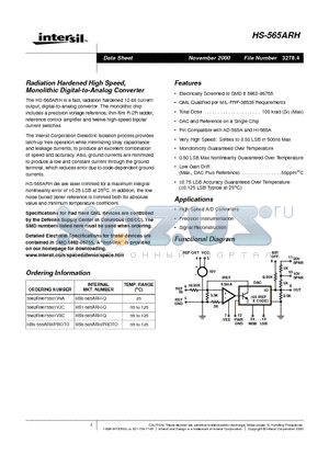 HS-565ARH datasheet - Radiation Hardened High Speed, Monolithic Digital-to-Analog Converter