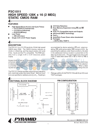 P3C1011-10JM datasheet - HIGH SPEED 128K x 16 (2 MEG) STATIC CMOS RAM