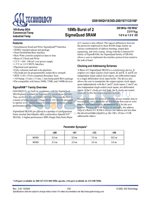 GS8180QV18D-133 datasheet - 18Mb Burst of 2 SigmaQuad SRAM