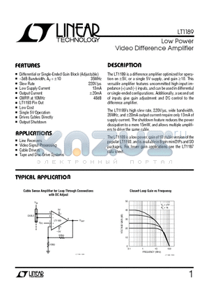 LT1189CN8 datasheet - Low Power Video Difference Amplifier