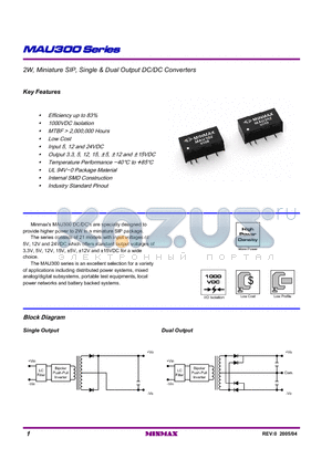 MAU302 datasheet - 2W, Miniature SIP, Single & Dual Output DC/DC Converters