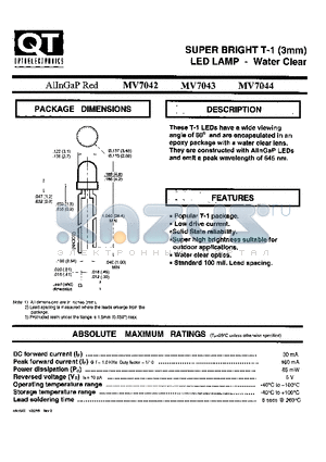 MV7043 datasheet - SUPER BRIGHT T-1 (3mm) LED LAMP - WATER CLEAR