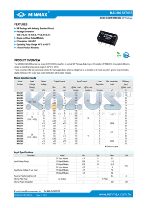 MAU301 datasheet - DC/DC CONVERTER 2W SIP Package with Industry Standard Pinout