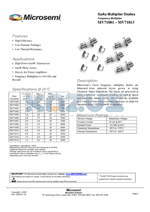 MV71010 datasheet - GaAs Multiplier Diodes Frequency Multiplier