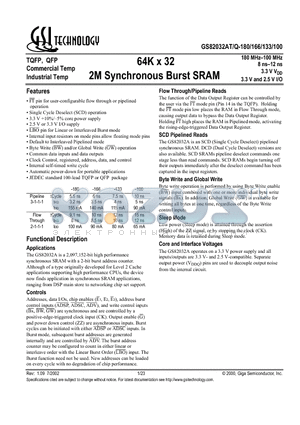 GS82032 datasheet - 64K x 32 2M Synchronous Burst SRAM