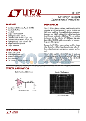 LT1192CN8 datasheet - Ultrahigh Speed Operational Amplifier