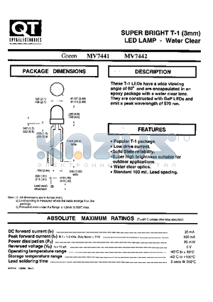MV7441 datasheet - SUPER BRIGHT T-1 (3mm) LED LAMP -WATER CLEAR
