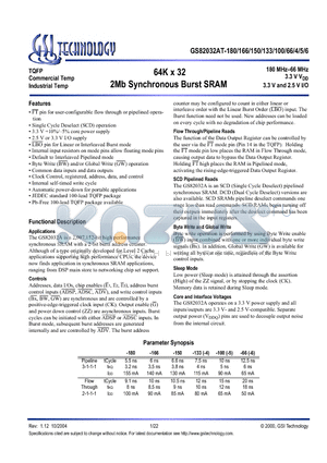 GS82032AGT-6 datasheet - 64K x 32 2Mb Synchronous Burst SRAM