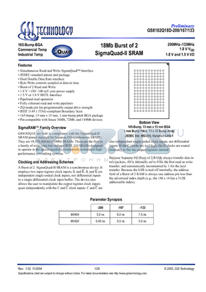 GS8182Q18D-133I datasheet - 18Mb Burst of 2 SigmaQuad-II SRAM