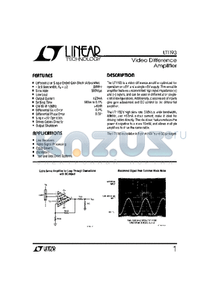 LT1193CN8 datasheet - Video Difference Amplifier