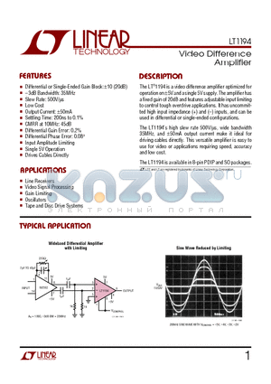 LT1194CN8 datasheet - Video Difference Amplifier