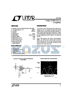 LT1193C datasheet - Video Difference Amplifier
