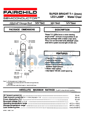 MV7842 datasheet - SUPER BRIGHT T-1 (3mm) LED LAMP - Water Clear