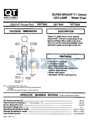 MV7844 datasheet - SUPER BRIGHT T-1 (3mm) LED LAMP - WATER CLEAR