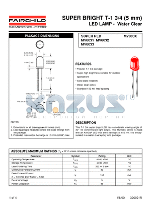 MV8032 datasheet - SUPER BRIGHT T-1 3/4 (5 mm) LED LAMP - Water Clear