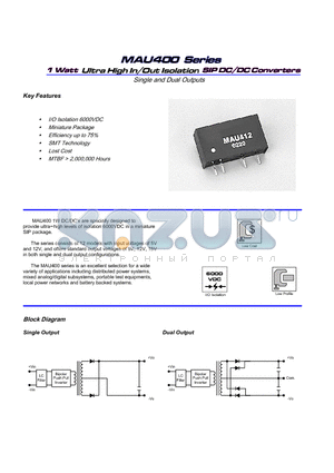 MAU404 datasheet - 1W, Ultra High Isolation SIP SINGLE AND DUAL OUTPUT DC/DC Converters