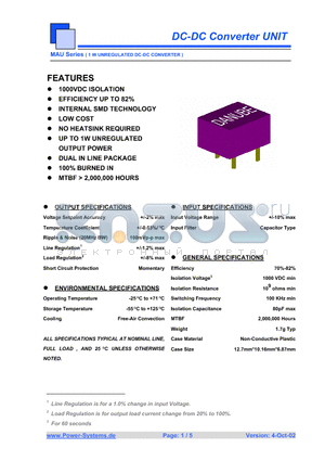 MAUS-1215 datasheet - DC-DC Converter UNIT 1 W UNREGULATED DC-DC CONVERTER