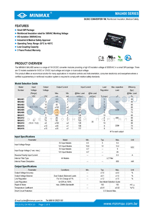 MAU415 datasheet - DC/DC CONVERTER 1W Small SIP Package I/O-isolation 3000VA Crms