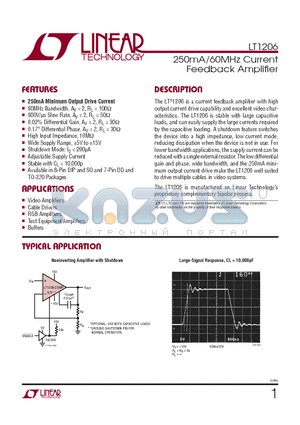 LT1206CR datasheet - 250mA/60MHz Current Feedback Amplifi er