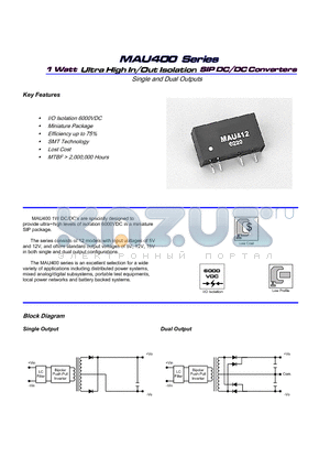 MAU416 datasheet - 1W, Ultra High Isolation SIP SINGLE AND DUAL OUTPUT DC/DC Converters