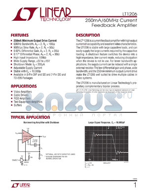 LT1206CS8 datasheet - 250mA/60MHz Current Feedback Amplifier Adjustable Supply Current